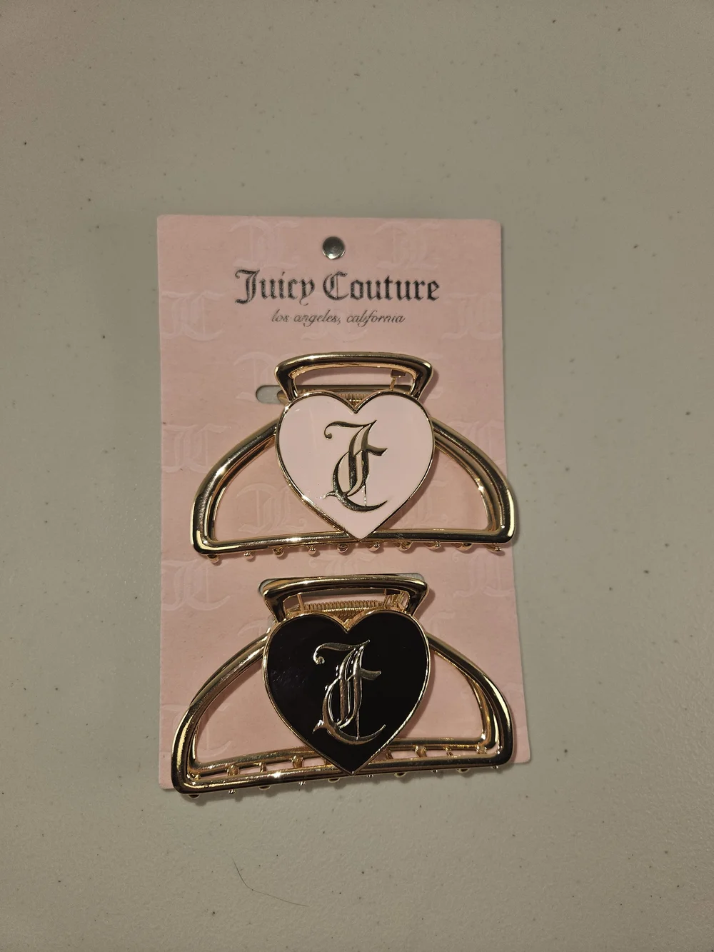Juicy Couture Pink & Black Heart Logo Gold-Tone Metal Hair Clips